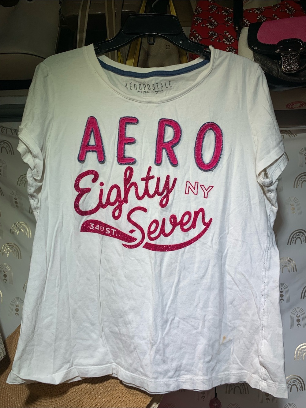 Aeropostale White Graphic Tee with Pink 'Aero Eighty Seven' Logo